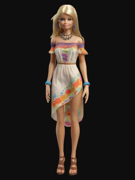 3D model for plastic Hippie Barbie Doll toy, molded plastic with joints, long legs, realism, high resolution, unevenly cut hair, wearing off-the-shoulder short hippie summer dress and sandals, even lighting, best quality, full length.  platinum blonde wild hair.  realistic face depth and realistic profile. Includes PBR textures, detailed hair, realistic skin shadows, and soft lighting. Optimized for high-quality 3D printing. 