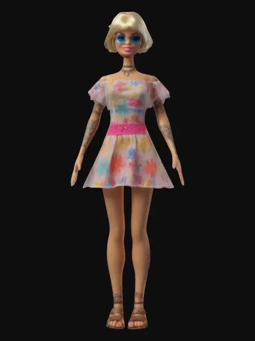 3D model for plastic Hippie Barbie Doll toy, UE5 A-Pose. molded plastic with joints, long legs, realism, high resolution, short cut hair, off-the-shoulder short sheer hippie summer dress and sandals, even lighting, best quality, full length.  platinum blonde detailed hair.  cute tattoos, realistic face depth and realistic profile. Includes PBR textures, realistic skin shadows, and soft lighting. Optimized for high-quality 3D printing. 