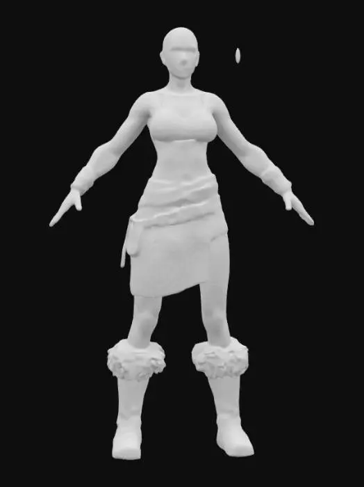 3D model for bald muscular female barbarian, A-Pose with wide arms. wearing leather studded bra, short lin cloth with leather strips and fur trim, and leather boots with fur trim. detailed textures, realistic female warrior physique and a confident, determined expression. realistic human anatomy, realistic face depth. high resolution PBR textures, realistic skin, and soft lighting. high-quality 3D optimized for unreel engine