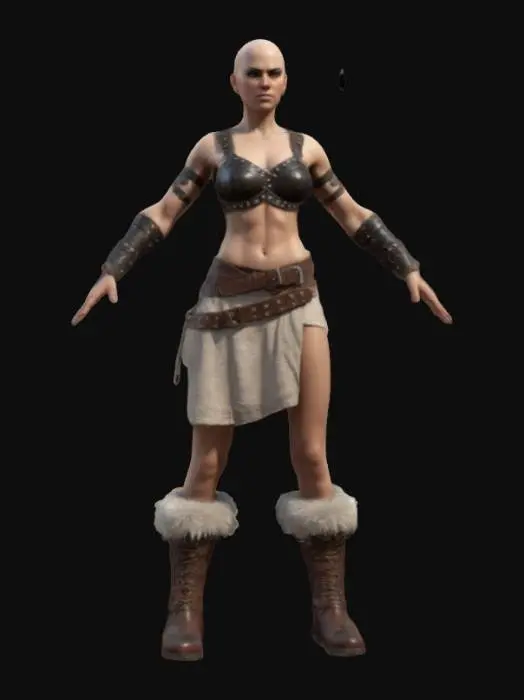3D model for bald muscular female barbarian, A-Pose with wide arms. wearing leather studded bra, short lin cloth with leather strips and fur trim, and leather boots with fur trim. detailed textures, realistic female warrior physique and a confident, determined expression. realistic human anatomy, realistic face depth. high resolution PBR textures, realistic skin, and soft lighting. high-quality 3D optimized for unreel engine