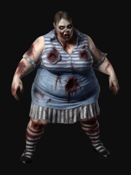 3D model for beautiful chubby female zombie waitress standing in a game ready A-Pose with hands away from the body. wearing a ripped, striped sleeveless waitress shirt, short skirt, ripped stockings and high heels. detailed textures, realistic female cheerleader zombie physique and a deathly slack faced, haunted expression. realistic human anatomy, realistic face depth, realistic zombie skin with decay and wounds. standing in a wide UE5 A-Pose