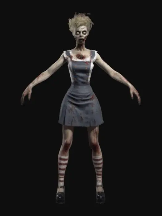 3D model for beautiful 1950's beehive hairdo female zombie waitress standing in a game ready A-Pose with hands away from the body. wearing a ripped, sleeveless waitress shirt, short skirt, ripped stockings and high heels. detailed textures, realistic female cheerleader zombie physique and a deathly slack faced, haunted expression. realistic human anatomy, realistic face depth, realistic zombie skin with decay and wounds. standing in a wide UE5 A-Pose