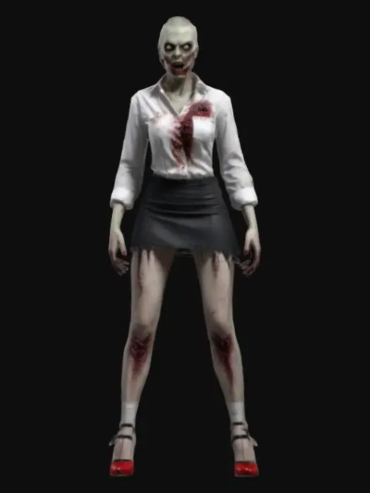 3D model for buzz cut female zombie secretary standing in a game ready A-Pose with hands away from the body. wearing a ripped, white sleeveless low-cut blouse, short black skirt, ripped stockings and red high heels. detailed textures, realistic female secretary zombie physique and a deathly slack faced, haunted expression. realistic human anatomy, realistic face depth, realistic zombie skin with decay and wounds. standing in a wide UE5 A-Pose