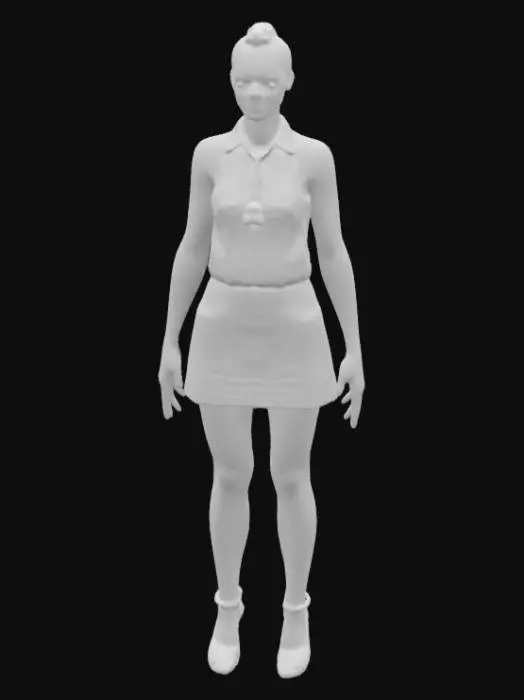 3D model for buzz cut female zombie secretary standing in a game ready A-Pose with hands away from the body. wearing a ripped, white sleeveless low-cut blouse, short black skirt, ripped stockings and red high heels. detailed textures, realistic female secretary zombie physique and a deathly slack faced, haunted expression. realistic human anatomy, realistic face depth, realistic zombie skin with decay and wounds. standing in a wide UE5 A-Pose