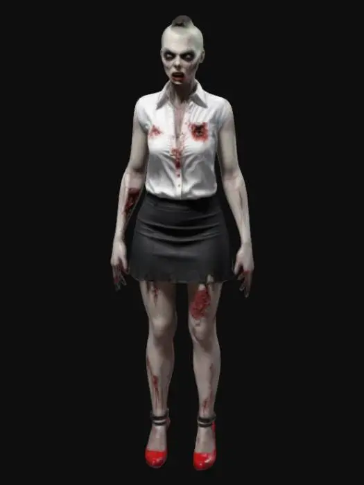 3D model for buzz cut female zombie secretary standing in a game ready A-Pose with hands away from the body. wearing a ripped, white sleeveless low-cut blouse, short black skirt, ripped stockings and red high heels. detailed textures, realistic female secretary zombie physique and a deathly slack faced, haunted expression. realistic human anatomy, realistic face depth, realistic zombie skin with decay and wounds. standing in a wide UE5 A-Pose
