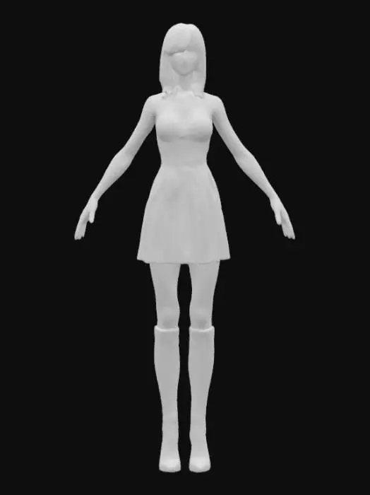 3D model for A beautiful young fae standing in a game ready A-Pose with hands away from the body. short dress. no wings, high heeled boots. detailed textures, realistic feale physique and a beautiful, determined, relaxed expression. realistic human anatomy, realistic face depth, realistic skin tone and anatomically accurate hands and fingers. standing in a UE5 A-Pose