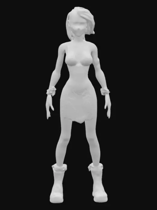 3D model for A beautiful young fae standing in a game ready A-Pose with hands away from the body. short sheer forest dress. pixie haircut, no wings, high heeled boots. detailed textures, realistic female physique and a beautiful, determined, relaxed expression. realistic human anatomy, realistic face depth, realistic skin tone and anatomically accurate hands and fingers. standing in a UE5 A-Pose