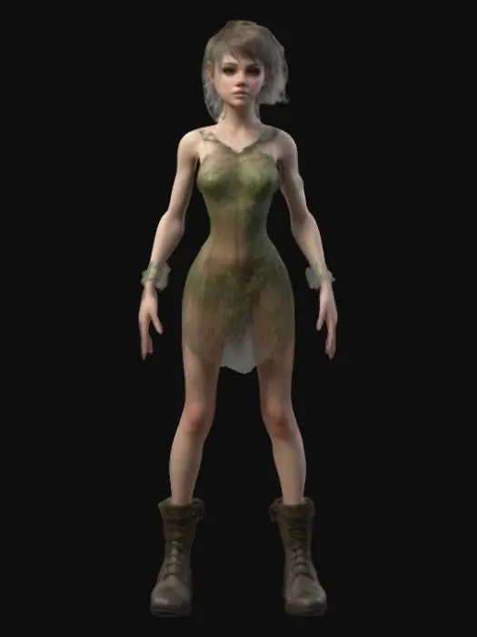 3D model for A beautiful young fae standing in a game ready A-Pose with hands away from the body. short sheer forest dress. pixie haircut, no wings, high heeled boots. detailed textures, realistic female physique and a beautiful, determined, relaxed expression. realistic human anatomy, realistic face depth, realistic skin tone and anatomically accurate hands and fingers. standing in a UE5 A-Pose