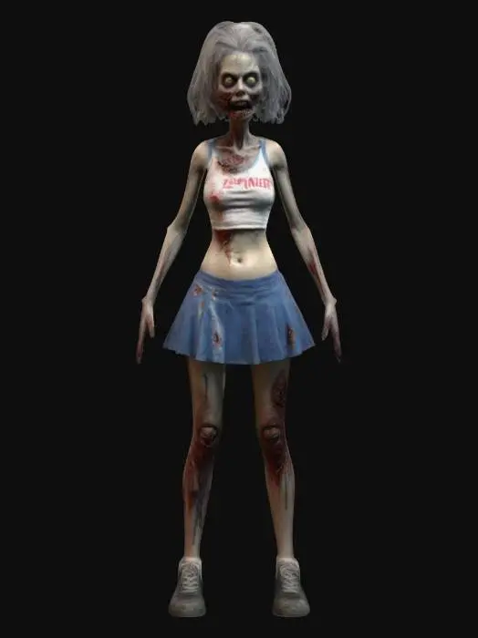 3D model for a highly realistic female zombie model inspired by Greg Nicotero and David Cronenberg. With cheerleader clothing from the mid 90's and unwashed short 90's hairstyle that is falling out. full body with realistic proportions. Pixar style. Game ready A-pose, optimised for rigging and animation