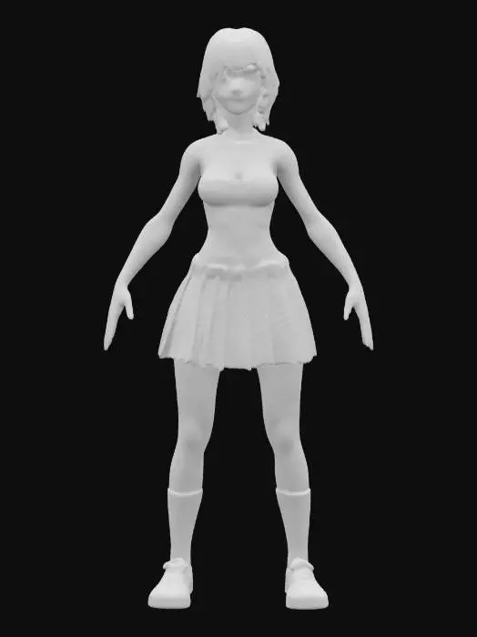 3D model for a highly realistic female zombie model inspired by Greg Nicotero and David Cronenberg. With cheerleader clothing from the mid 90's and unwashed short 90's hairstyle that is falling out. full body with realistic proportions. Pixar style. Game ready A-pose, optimised for rigging and animation