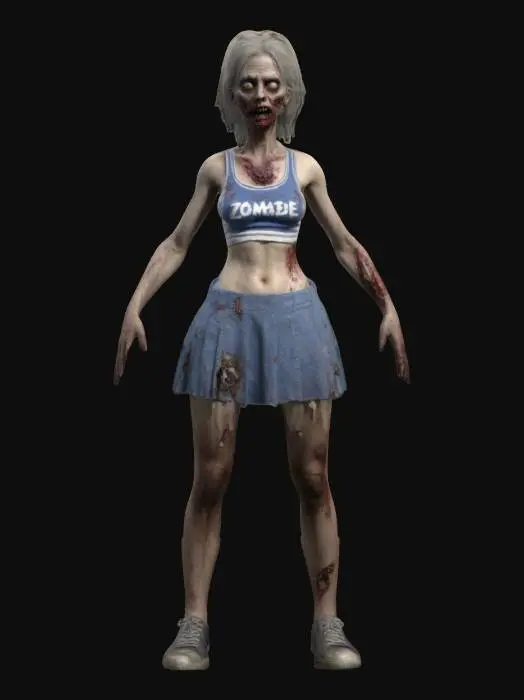 3D model for a highly realistic female zombie model inspired by Greg Nicotero and David Cronenberg. With cheerleader clothing from the mid 90's and unwashed short 90's hairstyle that is falling out. full body with realistic proportions. Pixar style. Game ready A-pose, optimised for rigging and animation