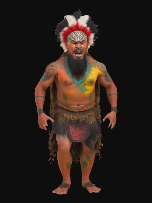 3D model for [New Zealand] highly detailed Maori doing the Haka. Pixar inspired. Colourful indiginous face and body paint, #AroundTheWorld#