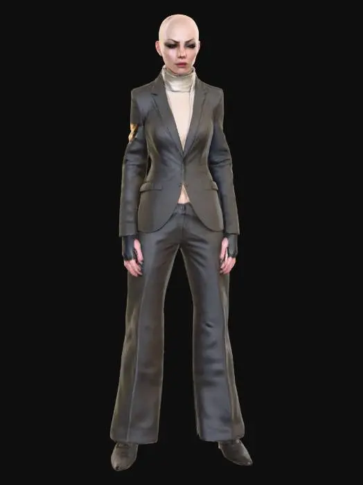 3D model for realistic beautiful young bald buzz cut urban female villain standing in a powerful action villain pose.  Cassandra Nova from the MCU, beautiful face and perfect realistic anatomy. even lighting, detailed textures, realistic urban female proportions and a deathly slack faced, haunted expression. realistic human anatomy, realistic face depth, inspired by Greg Nicotero and David Cronenberg , #villain#