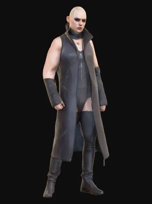 3D model for realistic beautiful young bald buzz cut urban female villain standing in a powerful dynamic villain pose.  Cassandra Nova from the MCU, beautiful face and perfect realistic anatomy. even lighting, detailed textures, realistic urban female proportions and a deathly slack faced, haunted expression. realistic human anatomy, realistic face depth, inspired by Greg Nicotero and David Cronenberg, sultry, sleeveless #villain#