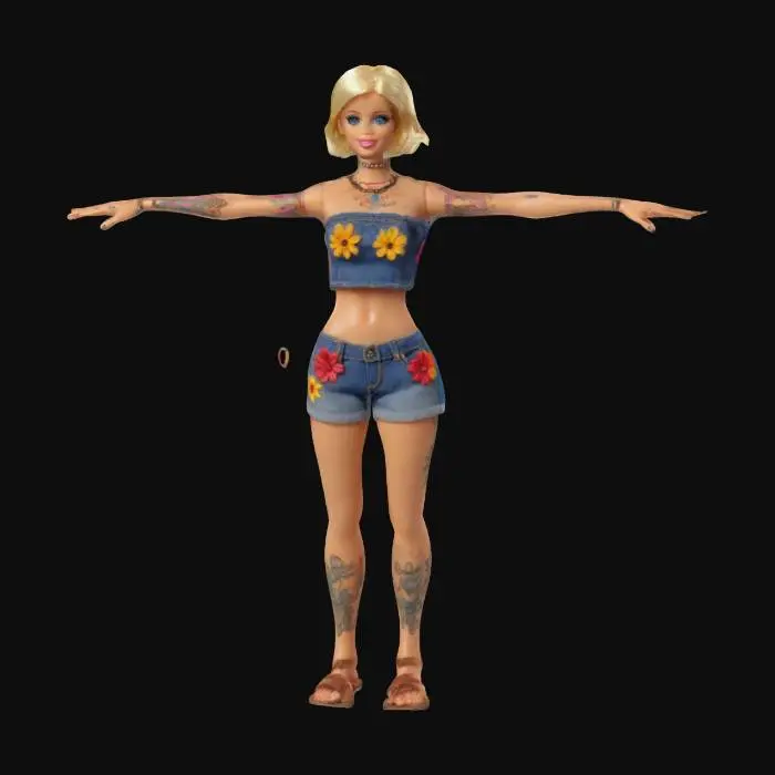 3D model for plastic Hippie Barbie Doll toy, UE5 T-Pose. molded plastic with joints, long legs, realism, high resolution,  off-the-shoulder sheer loose hippie crop top, tight denim shorts with embroidered flowers and sandals, even lighting, best quality, full length.  platinum blonde detailed short hair.  cute tattoos, realistic face depth and realistic profile. hi-res PBR textures, realistic skin, and soft lighting. high-quality 3D optimised for Unreal Engine 