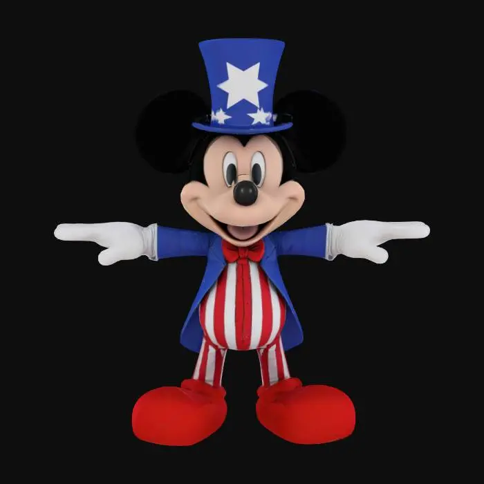 3D model for Mickey Mouse dressed as Uncle Sam. Colourful cartoon style. game ready T-P0se Optimised for game rigging with high detail and high quality PBR textures, 