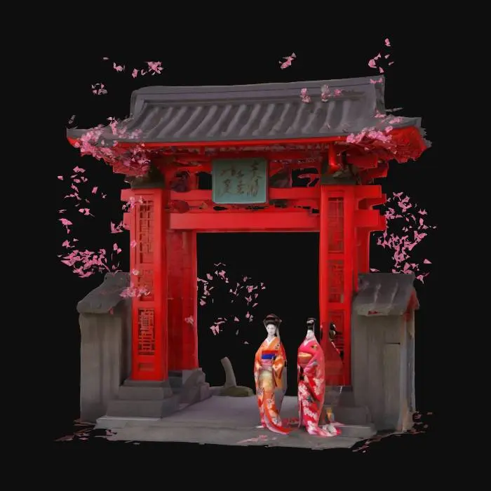 3D model for Beautiful Japanese archway with cherry blossom trees and geisha's, #arch#