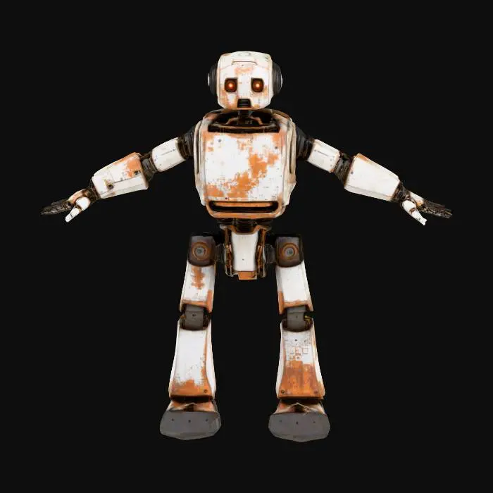 3D model for robot, symmetrical game ready T-Pose, straight arms and legs, perfect open hands, rusty, exposed circuitry 