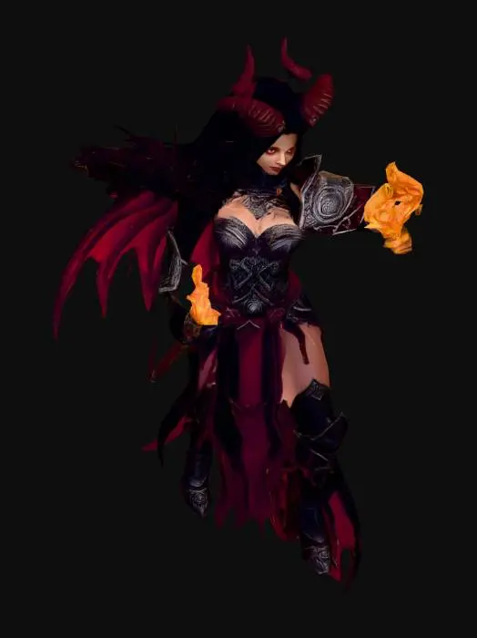 3D model for dark fantasy female demon warrior-sorceress, standing in an epic pose, long black flowing hair, elegant crimson horns, glowing red eyes, wearing detailed molten black and red armor with fiery runes, flames flowing through armor veins, one hand holding a blazing fire whip made of molten energy, the other channeling infernal magic, long tattered skirt with metal ornaments, armored boots on cracked volcanic ground glowing with lava, surrounded by embers and heat distortion, cinematic lighting, extremely detailed, high resolution texture, epic stance