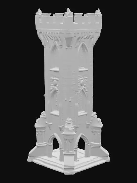 3D model for inizia col creare una torre in stile dark fantasy medioevale con dei merletti nella parte alta e senza le punte

