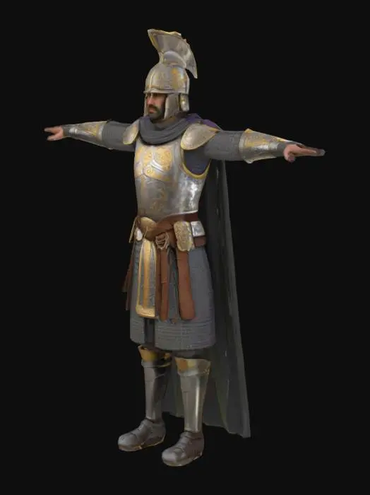 3D model for make me a character design for a Byzantine soldier in T pose in medieval byzantine armor without a cape