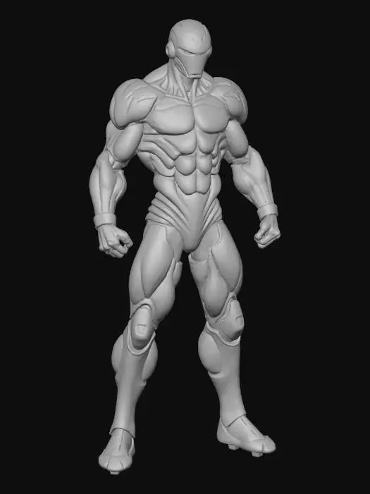 3D model for Um ciber herói musculoso com armadura biomimética ultra moderna de titânio líquido, detalhes em fibra de carbono fosca e neon luminescente que irradia em azul e roxo. Sua estrutura angular e atlética tem placas segmentadas, articulações visíveis e uma textura suave e fria ao toque. Em pose dinâmica de ataque, com punhos carregados de energia, expressão focada e visores ópticos LED brilhantes.