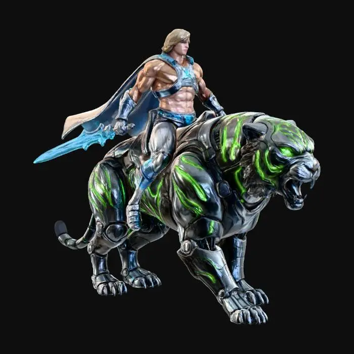 3D model for Um He-Man futurista, musculoso e esbelto, vestindo uma armadura cromada e elegante com detalhes em azul elétrico brilhante, empunhando uma espada de energia translúcida. Ele está montado em um Gato Guerreiro cibernético, cuja pelagem metálica escura exibe listras neon verdes luminosas. A criatura possui uma armadura articulada, garras afiadas e uma postura de avanço feroz, com superfícies lisas e frias ao toque.
