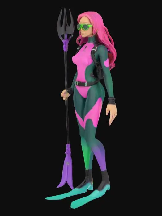 3D model for A female Pink And Green scuba diver With A purple and black Triton , #ocean#