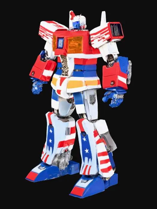 3D model for A colossal, articulated robotic figure stands in a powerful, heroic posture, reimagining the Statue of Liberty as a transformer. Its metallic chassis is meticulously detailed with visible joints, segmented plating, and a formidable build. The surface is predominantly striped in bold red and white, while deep blue sections, emblazoned with bright white stars, form its crown and a sturdy arm shield. Its uplifted arm holds a stylized torch, giving the figure a sleek, robust, and imposing appearance, suggesting a cold, unyielding metallic touch.