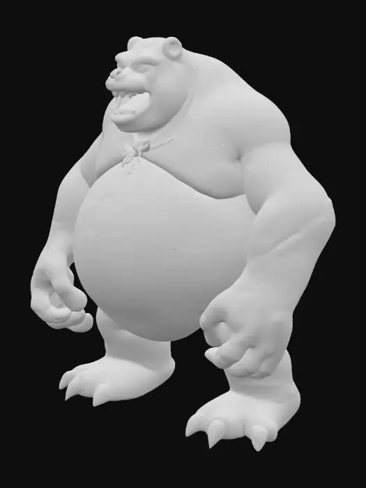 3D model for A colossal, bipedal creature, resembling a monstrously large, mutated Winnie the Pooh, stands in a destructive, imposing posture. Its form is stocky and powerful, with a prominent, round belly and short, stubby limbs tipped with blunt claws. The rough, leathery skin, dark forest green with patches of muted yellow, hints at a tough, scaly texture. Its wide, open mouth reveals rows of blunt, oversized teeth, while a small, tattered red shirt hangs precariously from its shoulders, emphasizing its immense, destructive presence.