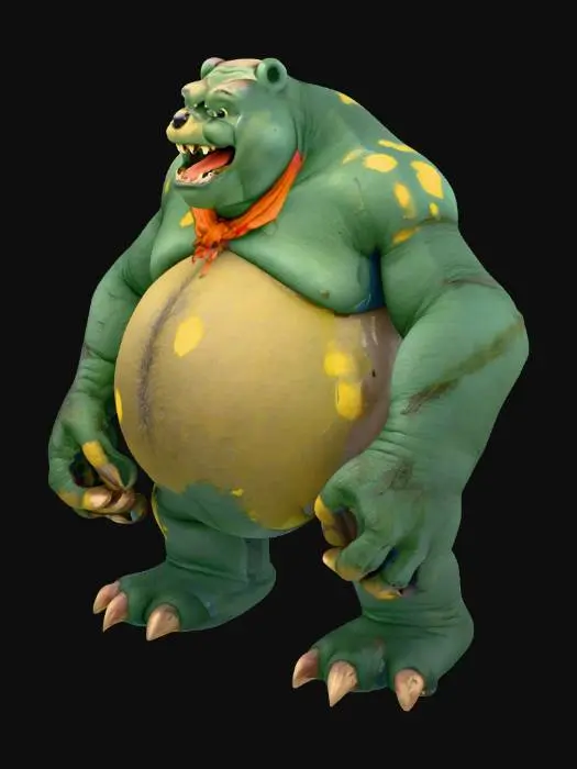 3D model for A colossal, bipedal creature, resembling a monstrously large, mutated Winnie the Pooh, stands in a destructive, imposing posture. Its form is stocky and powerful, with a prominent, round belly and short, stubby limbs tipped with blunt claws. The rough, leathery skin, dark forest green with patches of muted yellow, hints at a tough, scaly texture. Its wide, open mouth reveals rows of blunt, oversized teeth, while a small, tattered red shirt hangs precariously from its shoulders, emphasizing its immense, destructive presence.