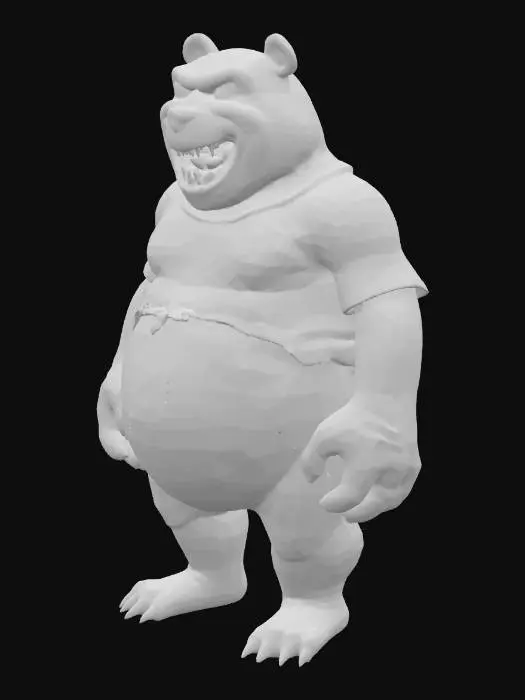 3D model for A colossal, bipedal creature, resembling a monstrously large, mutated Winnie the Pooh, stands in a destructive, imposing posture. Its form is stocky and powerful, with a prominent, round belly and short, stubby limbs tipped with blunt claws. The rough, leathery skin, dark forest green with patches of muted yellow, hints at a tough, scaly texture. Its wide, open mouth reveals rows of blunt, oversized teeth, while a small, tattered red shirt hangs precariously from its shoulders, emphasizing its immense, destructive presence.