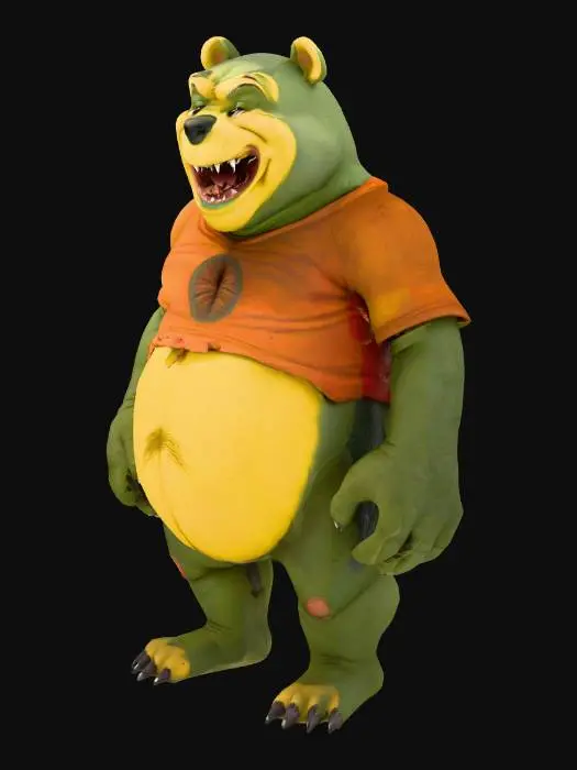 3D model for A colossal, bipedal creature, resembling a monstrously large, mutated Winnie the Pooh, stands in a destructive, imposing posture. Its form is stocky and powerful, with a prominent, round belly and short, stubby limbs tipped with blunt claws. The rough, leathery skin, dark forest green with patches of muted yellow, hints at a tough, scaly texture. Its wide, open mouth reveals rows of blunt, oversized teeth, while a small, tattered red shirt hangs precariously from its shoulders, emphasizing its immense, destructive presence.