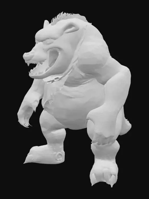 3D model for A colossal, bipedal creature, resembling a monstrously large, mutated Winnie the Pooh, stands in a destructive, imposing posture. Its form is stocky and powerful, with a prominent, round belly and short, stubby limbs tipped with blunt claws. The rough, leathery skin, dark forest green with patches of muted yellow, hints at a tough, scaly texture. Its wide, open mouth reveals rows of blunt, oversized teeth, while a small, tattered red shirt hangs precariously from its shoulders, emphasizing its immense, destructive presence.