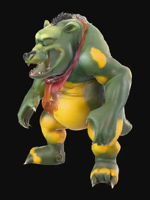 3D model for A colossal, bipedal creature, resembling a monstrously large, mutated Winnie the Pooh, stands in a destructive, imposing posture. Its form is stocky and powerful, with a prominent, round belly and short, stubby limbs tipped with blunt claws. The rough, leathery skin, dark forest green with patches of muted yellow, hints at a tough, scaly texture. Its wide, open mouth reveals rows of blunt, oversized teeth, while a small, tattered red shirt hangs precariously from its shoulders, emphasizing its immense, destructive presence.