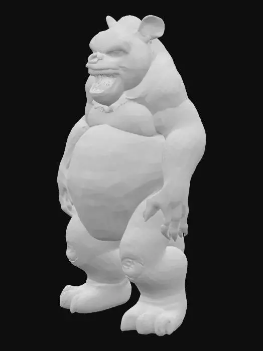 3D model for A colossal, bipedal creature, resembling a monstrously large, mutated Winnie the Pooh, stands in a destructive, imposing posture. Its form is stocky and powerful, with a prominent, round belly and short, stubby limbs tipped with blunt claws. The rough, leathery skin, dark forest green with patches of muted yellow, hints at a tough, scaly texture. Its wide, open mouth reveals rows of blunt, oversized teeth, while a small, tattered red shirt hangs precariously from its shoulders, emphasizing its immense, destructive presence.