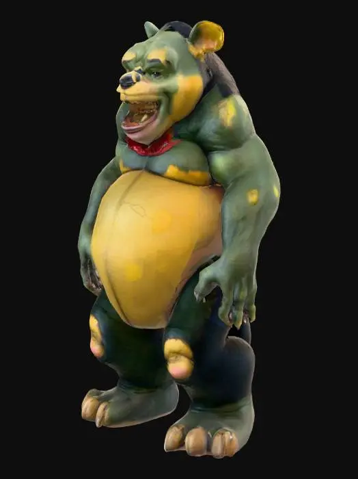 3D model for A colossal, bipedal creature, resembling a monstrously large, mutated Winnie the Pooh, stands in a destructive, imposing posture. Its form is stocky and powerful, with a prominent, round belly and short, stubby limbs tipped with blunt claws. The rough, leathery skin, dark forest green with patches of muted yellow, hints at a tough, scaly texture. Its wide, open mouth reveals rows of blunt, oversized teeth, while a small, tattered red shirt hangs precariously from its shoulders, emphasizing its immense, destructive presence.