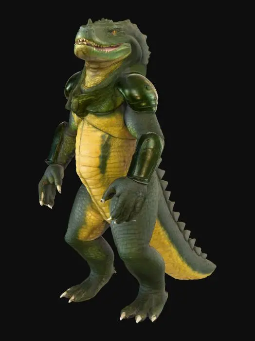 3D model for A formidable bipedal reptilian character, with a robust, muscular physique reminiscent of an American alligator. Its body is covered in thick, leathery scales, predominantly dark forest green, transitioning to a lighter, almost yellowish-tan on the underside. The scales possess a rough, armored texture. A powerful tail extends behind, and the head features a pronounced snout with sharp teeth and piercing yellow eyes. It wears stylized, form-fitting tactical armor in metallic charcoal grey with vibrant red accents, feeling rigid and protective. Its posture is alert and powerful, ready for action.