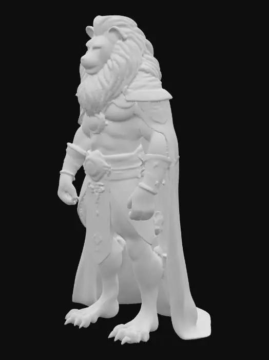3D model for A majestic bipedal figure with a powerful, muscular build, blending human anatomy with leonine features. Its head is distinctly lion-like, with a broad muzzle, golden eyes, and a thick, voluminous mane of deep reddish-brown fur that cascades over its shoulders. The body is covered in fine, short golden-tan fur, feeling soft yet dense. It wears minimal, regal attire that highlights its physique, possibly with metallic gold accents. Its posture is upright and commanding, radiating an aura of dignified authority, while its expression conveys wisdom and strength.
