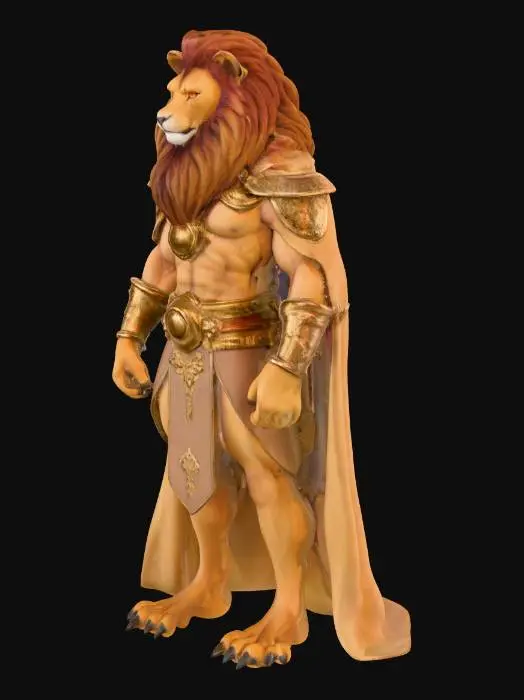 3D model for A majestic bipedal figure with a powerful, muscular build, blending human anatomy with leonine features. Its head is distinctly lion-like, with a broad muzzle, golden eyes, and a thick, voluminous mane of deep reddish-brown fur that cascades over its shoulders. The body is covered in fine, short golden-tan fur, feeling soft yet dense. It wears minimal, regal attire that highlights its physique, possibly with metallic gold accents. Its posture is upright and commanding, radiating an aura of dignified authority, while its expression conveys wisdom and strength.