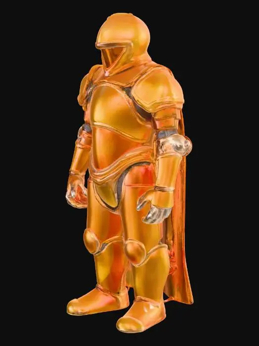 3D model for A whimsical humanoid knight, constructed from various translucent and opaque soda elements. Its armor plates are formed from large, rigid plastic soda bottle segments, some appearing filled with effervescent cola-brown liquid, others with vibrant orange or clear bubbly soda. The surface is smooth and glossy, with a cool, slightly sticky feel where droplets might adhere. Accents are made from crushed aluminum can fragments, giving metallic glints and jagged textures. The overall shape is robustly armored, but the internal bubbles suggest a lively, carbonated essence.