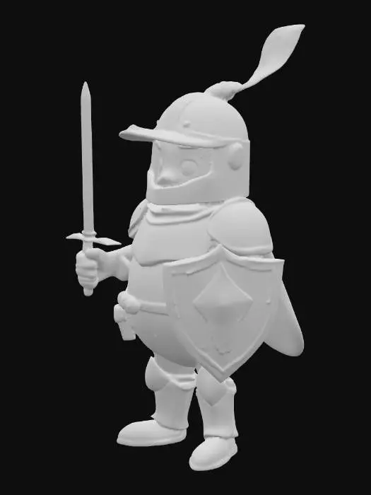 3D model for A cheerful, rotund cartoon lemon knight stands proudly, its plump, bright yellow body forming a main ovoid shape. It wears simplistic, polished silver armor, featuring a rounded helmet topped with a small, vibrant green leaf acting as a plume. Its smooth, slightly dimpled "peel" skin has a glossy finish. Large, expressive eyes peer from the helmet's visor. Its tiny, cartoonish metallic sword and shield reflect a faint light, completing its heroic, yet adorably squishy, appearance.