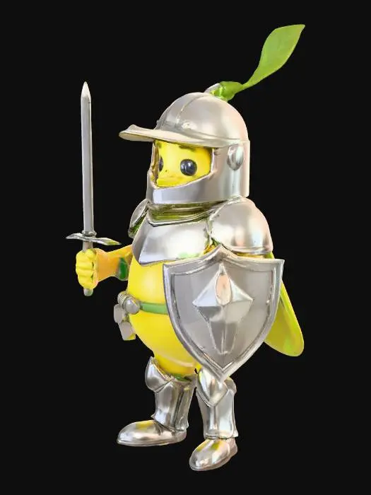3D model for A cheerful, rotund cartoon lemon knight stands proudly, its plump, bright yellow body forming a main ovoid shape. It wears simplistic, polished silver armor, featuring a rounded helmet topped with a small, vibrant green leaf acting as a plume. Its smooth, slightly dimpled "peel" skin has a glossy finish. Large, expressive eyes peer from the helmet's visor. Its tiny, cartoonish metallic sword and shield reflect a faint light, completing its heroic, yet adorably squishy, appearance.