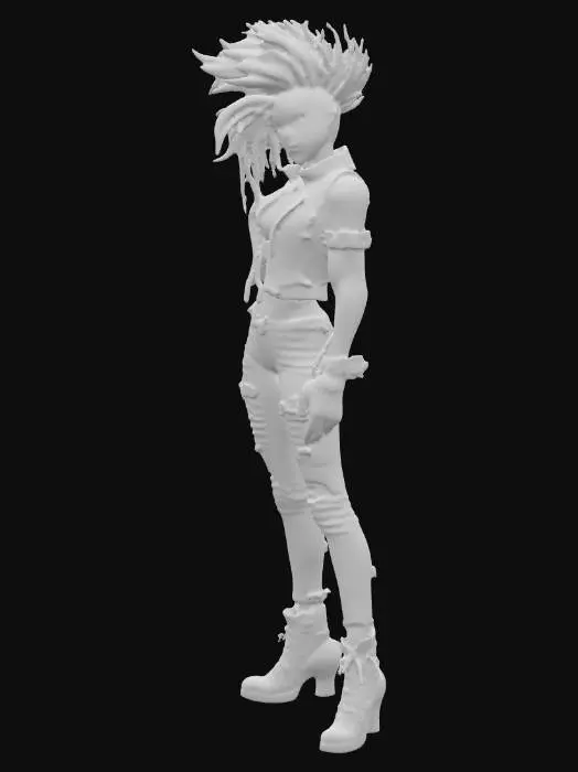 3D model for A lithe, athletic female humanoid teenager with smooth, vibrant green skin and subtle reptilian scales, embodying a fierce rockstar persona. She wears an edgy ensemble of distressed black pleather and ripped denim, adorned with metallic studs, zippers, and buckles. Her wild, spiky magenta hair frames a confident, determined expression, and her posture suggests dynamic movement, as if mid-performance. Her lean, muscled form is subtly exaggerated, giving her a powerful yet agile presence, with a distinct, slightly scaly texture across her exposed skin.