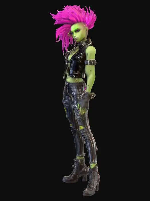 3D model for A lithe, athletic female humanoid teenager with smooth, vibrant green skin and subtle reptilian scales, embodying a fierce rockstar persona. She wears an edgy ensemble of distressed black pleather and ripped denim, adorned with metallic studs, zippers, and buckles. Her wild, spiky magenta hair frames a confident, determined expression, and her posture suggests dynamic movement, as if mid-performance. Her lean, muscled form is subtly exaggerated, giving her a powerful yet agile presence, with a distinct, slightly scaly texture across her exposed skin.
