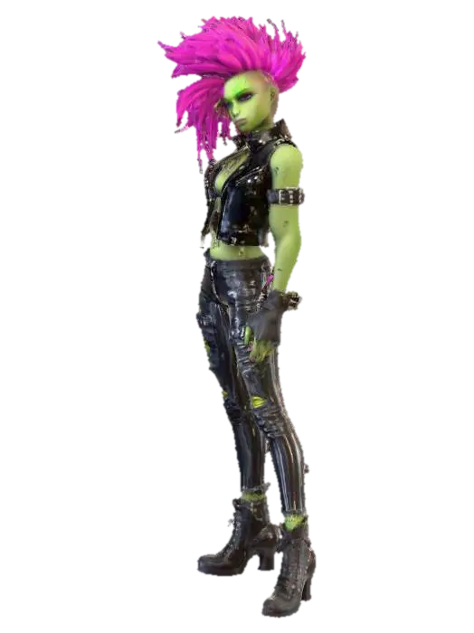 A lithe, athletic female humanoid teenager with smooth, vibrant green skin and… - Rockstar 3D model, vytvořený pomocí AI