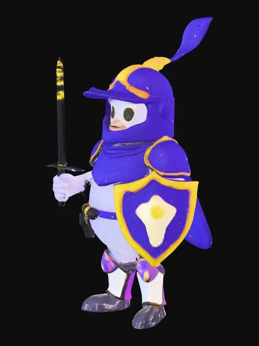 3D model for A cheerful, rotund cartoon lemon knight stands proudly, its plump, bright yellow body forming a main ovoid shape. It wears simplistic, polished silver armor, featuring a rounded helmet topped with a small, vibrant green leaf acting as a plume. Its smooth, slightly dimpled "peel" skin has a glossy finish. Large, expressive eyes peer from the helmet's visor. Its tiny, cartoonish metallic sword and shield reflect a faint light, completing its heroic, yet adorably squishy, appearance.