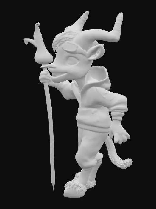 3D model for An anthropomorphic goat-like character with smooth, stylized purple skin and fuchsia hair. She has large, expressive purple eyes, a wide smile, and shiny, spiraling purple horns. Gold goggles rest on her forehead. She wears a maroon jacket, dark purple pants, and has furry, hooved feet. Her right arm wields a large, metallic paintbrush emitting vibrant, swirling streams of red, yellow, and pink liquid paint. Her left hand holds a golden staff trailing light blue, fluid energy.