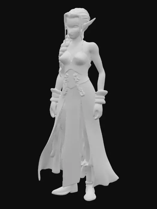 3D model for A stylized character with smooth, vibrant green skin and large, pointed elf-like ears. Her flowing, textured blue hair is styled into a long braid reaching down her back. She has bright, glowing white eyes and a subtle smirk. Dressed in dark brown, rustic fabric attire, including a simple top, skirt, and full-finger gloves, all accented with gold buckles. Her slender form is posed with one hand on her hip, exuding a confident demeanor.