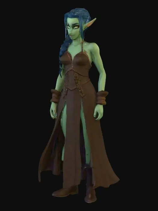 3D model for A stylized character with smooth, vibrant green skin and large, pointed elf-like ears. Her flowing, textured blue hair is styled into a long braid reaching down her back. She has bright, glowing white eyes and a subtle smirk. Dressed in dark brown, rustic fabric attire, including a simple top, skirt, and full-finger gloves, all accented with gold buckles. Her slender form is posed with one hand on her hip, exuding a confident demeanor.